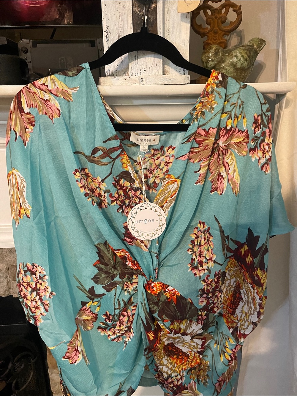 Umgee Teal Floral Twist-Front Blouse